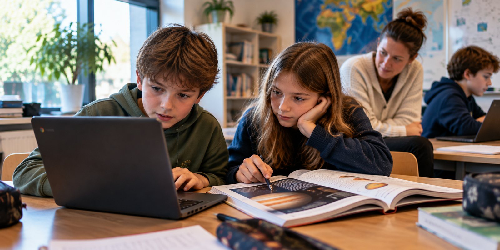 Een jongen werkt op een laptop terwijl een meisje naast hem iets nakijkt in een opengeslagen boek over Jupiter; een begeleidster kijkt mee.