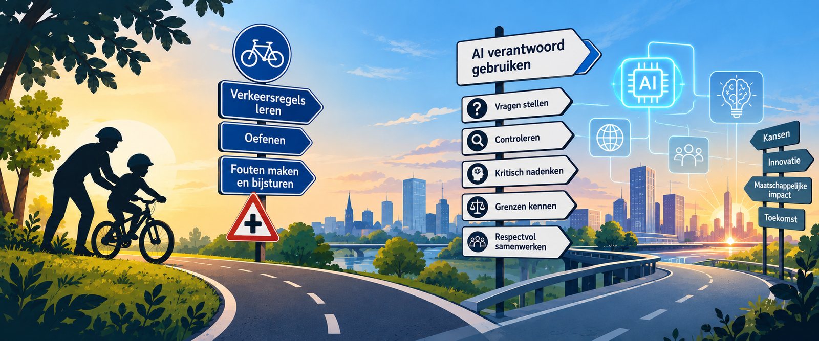 Een ouder leert een kind fietsen naast wegwijzers met verkeersregels leren, oefenen en fouten maken; verderop wijzen borden naar AI verantwoord gebruiken: vragen stellen, controleren, kritisch nadenken, grenzen kennen en respectvol samenwerken.