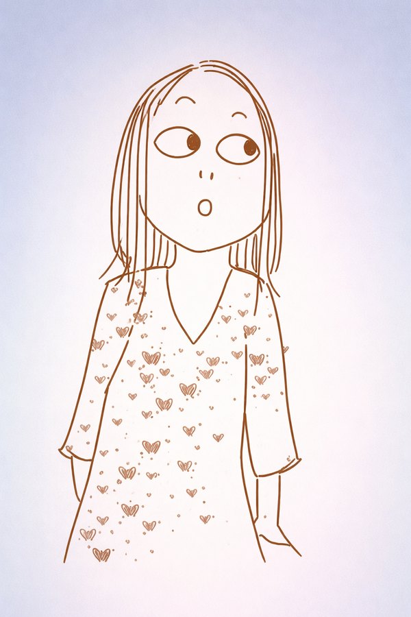 Een lijntekening van een meisje in een kleedje met hartjes.