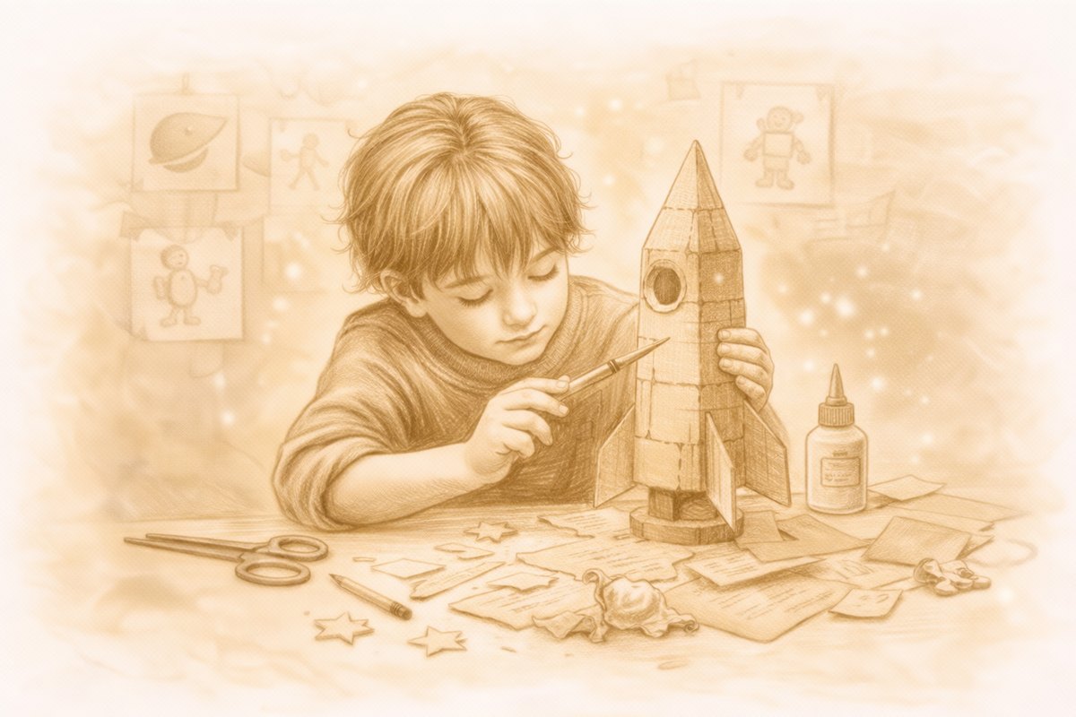 Tekening van een jongen die aan tafel een raket van karton in elkaar knutselt, tussen schetsen, een schaar en lijm.