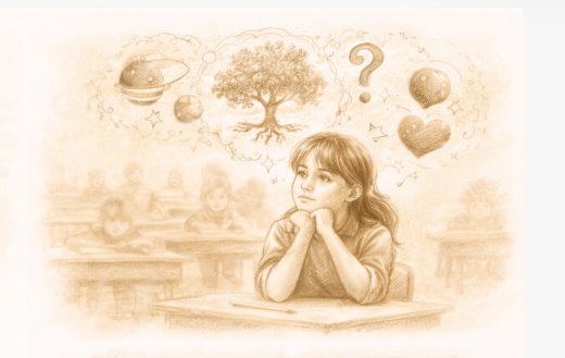 Tekening van een meisje dat in de klas voor zich uit droomt, met planeten, een boom, een vraagteken en een hart in een wolk boven haar hoofd.