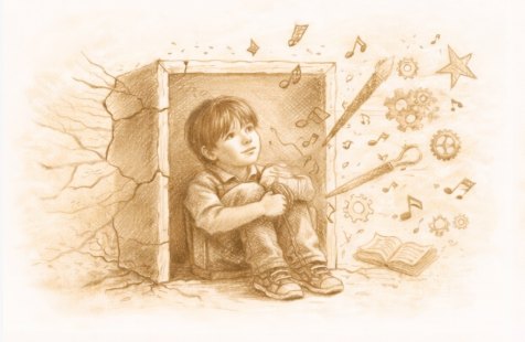 Tekening van een jongen die in een nis in een muur zit, terwijl noten, tandwielen, een potlood en een boek uit de opening tevoorschijn komen.