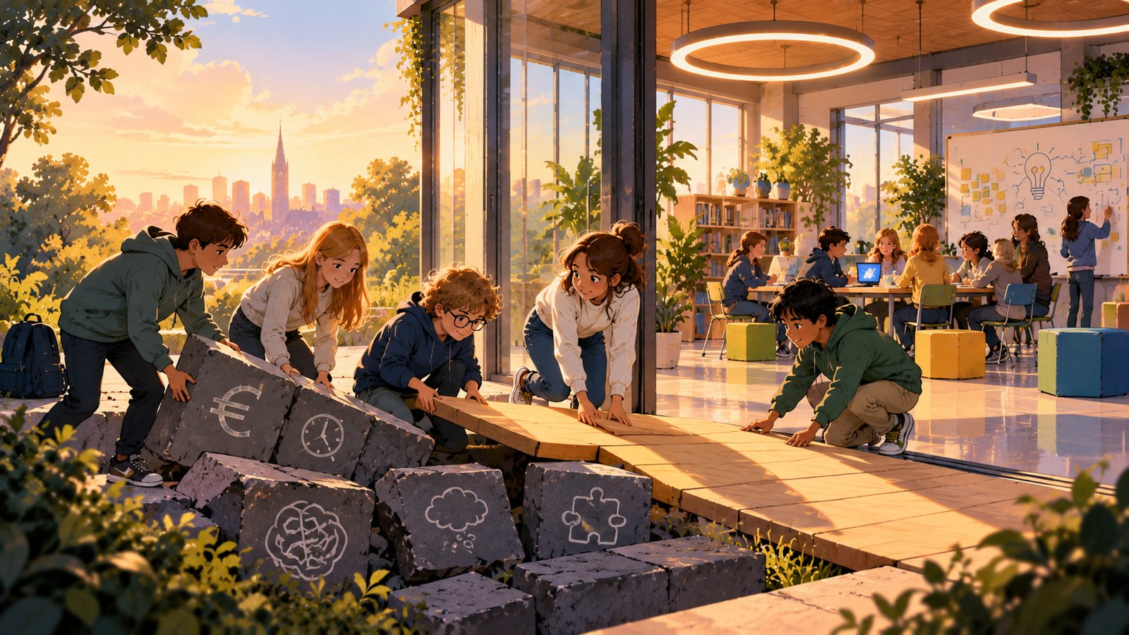 Getekende kinderen bouwen samen een brug van houten planken over gebarsten stenen met tekeningen van een euro, een klok, een brein, een wolk en een puzzelstuk, naar een lichte leerruimte.