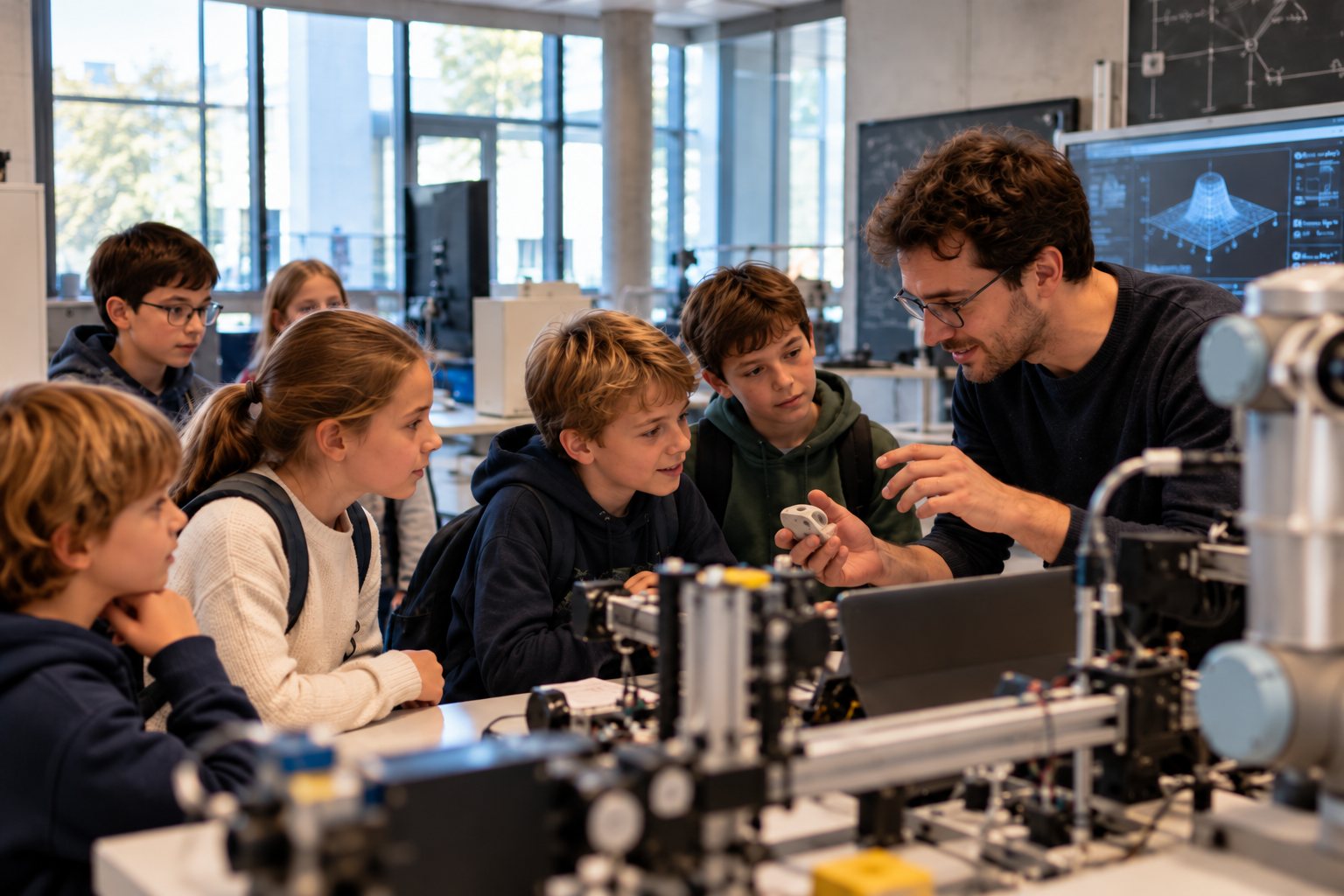Een begeleider toont een groepje kinderen een onderdeel van een robotopstelling in een technieklokaal.