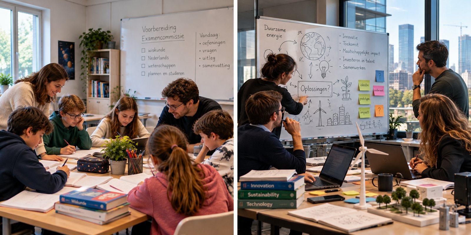 Links werken kinderen samen aan tafel met boeken en begeleiders, rechts bedenken volwassenen aan een whiteboard oplossingen voor duurzame energie.