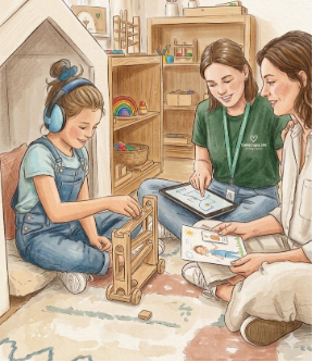 Een begeleidster en een ouder kijken samen met een kind naar een tekening.