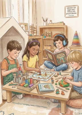 Vier kinderen spelen samen een gezelschapsspel op de grond.