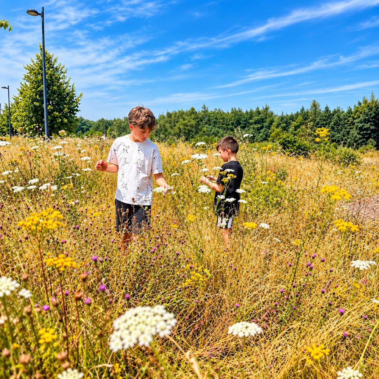 Twee kinderen zoeken bloemen in een veld met hoog gras en wilde bloemen
