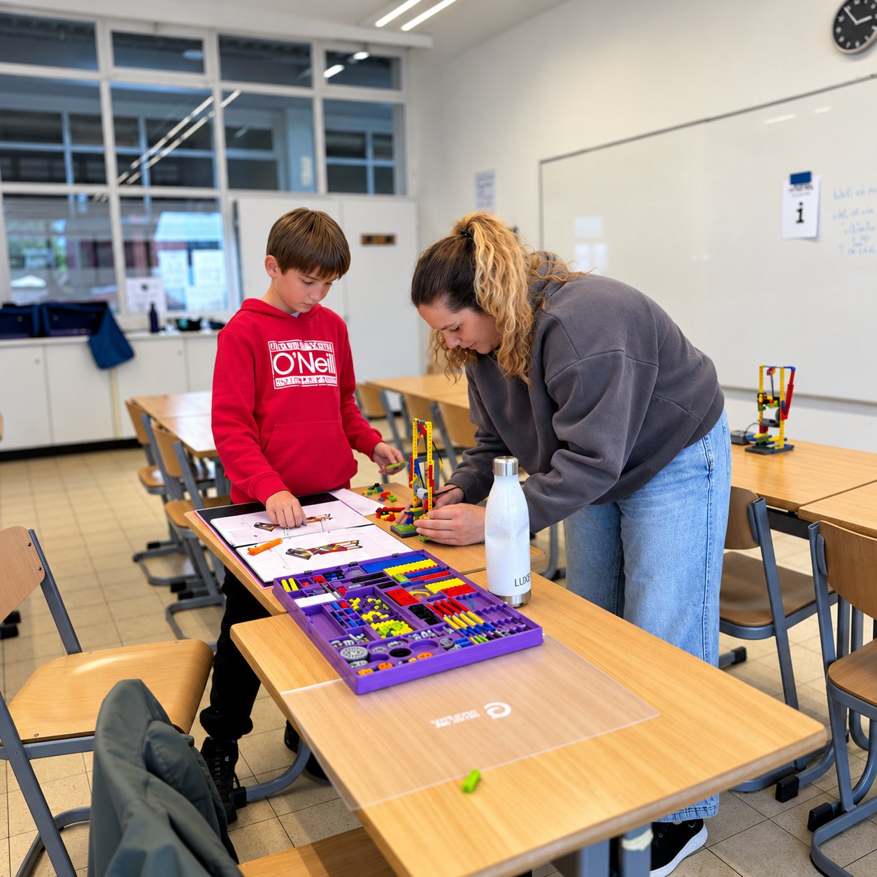 Kind en begeleidster bouwen een constructie met bouwstenen aan een schoolbank