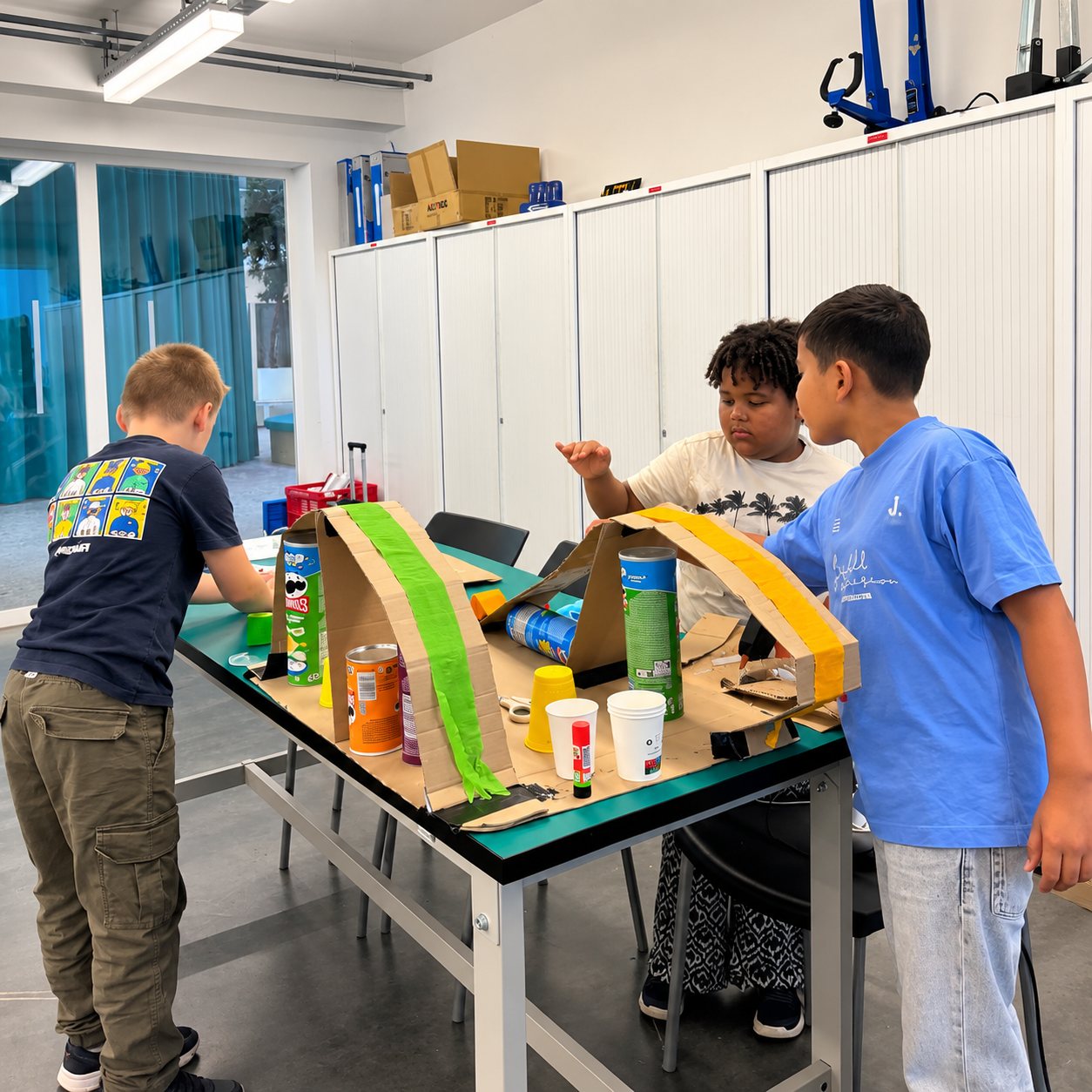 Drie kinderen bouwen bruggen van karton