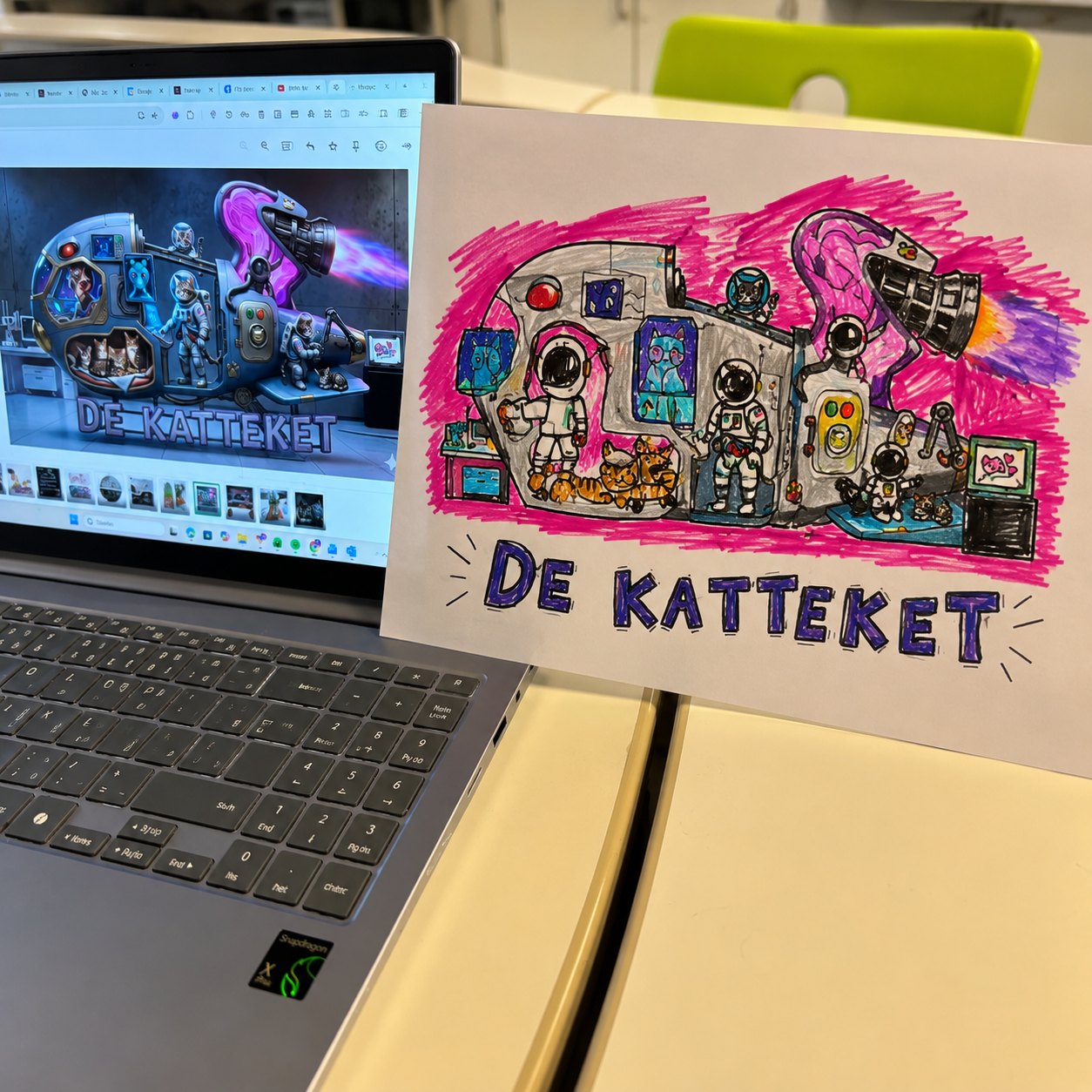 Een getekende poster met kattenastronauten naast een laptop met hetzelfde beeld