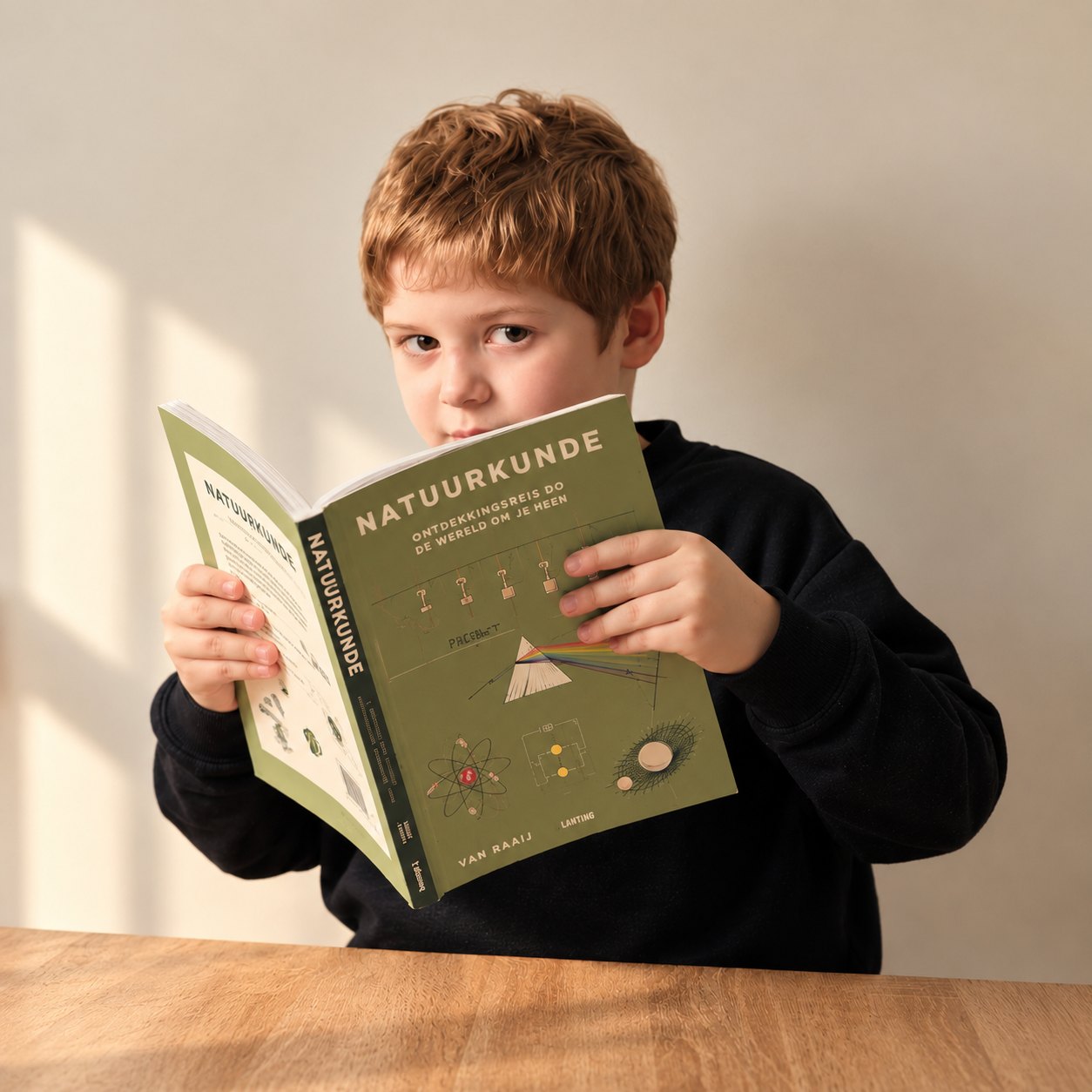 Kind leest een boek over natuurkunde aan een houten tafel