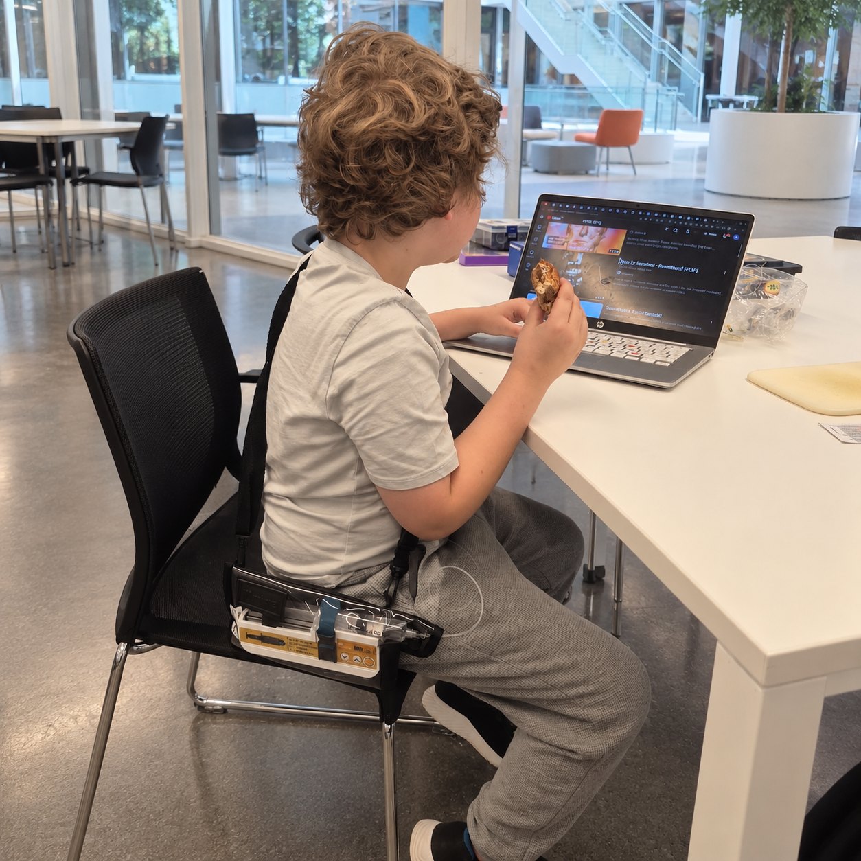 Jongen van achteren aan een laptop in een lichte hal, met een infuuspomp in een tasje op zijn stoel