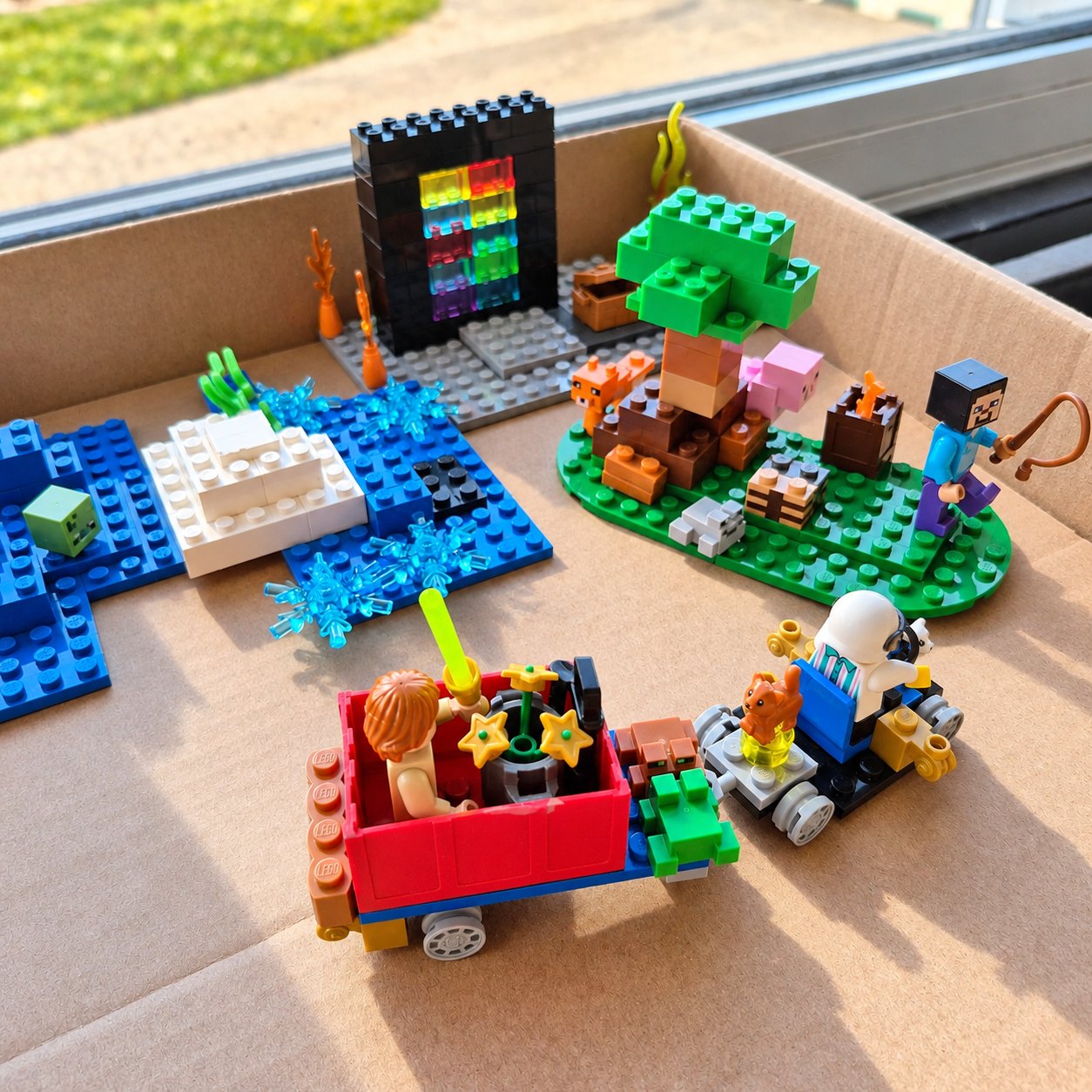 Zelfgebouwde LEGO-landschappen en voertuigen in een kartonnen doos