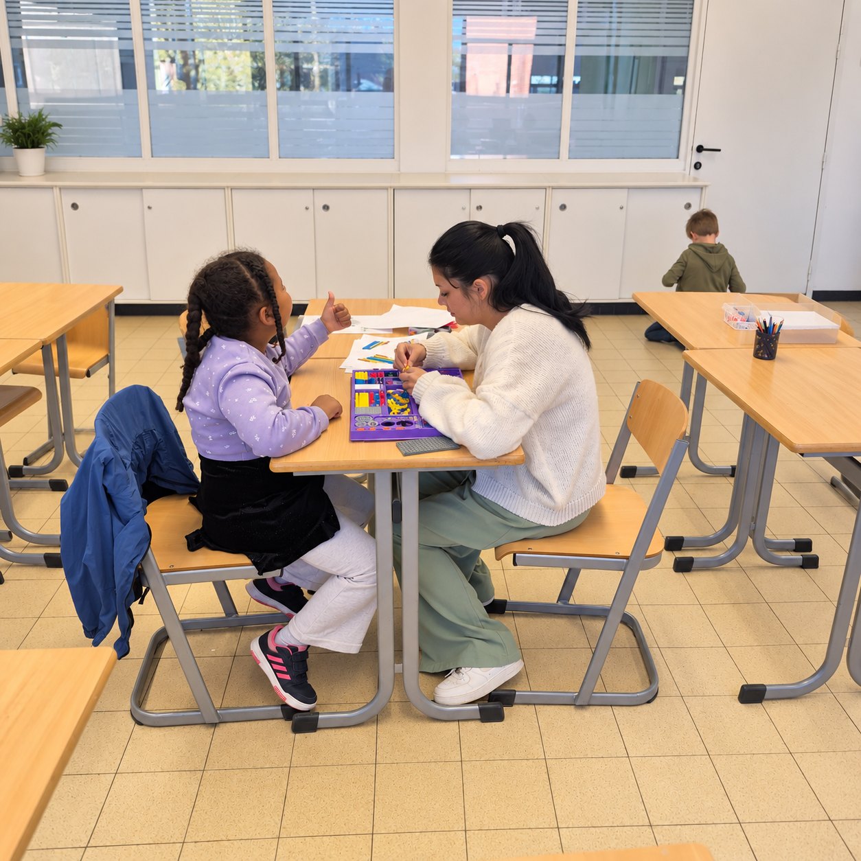 Een begeleidster en een kind aan een schoolbank met een denkspel tussen hen in