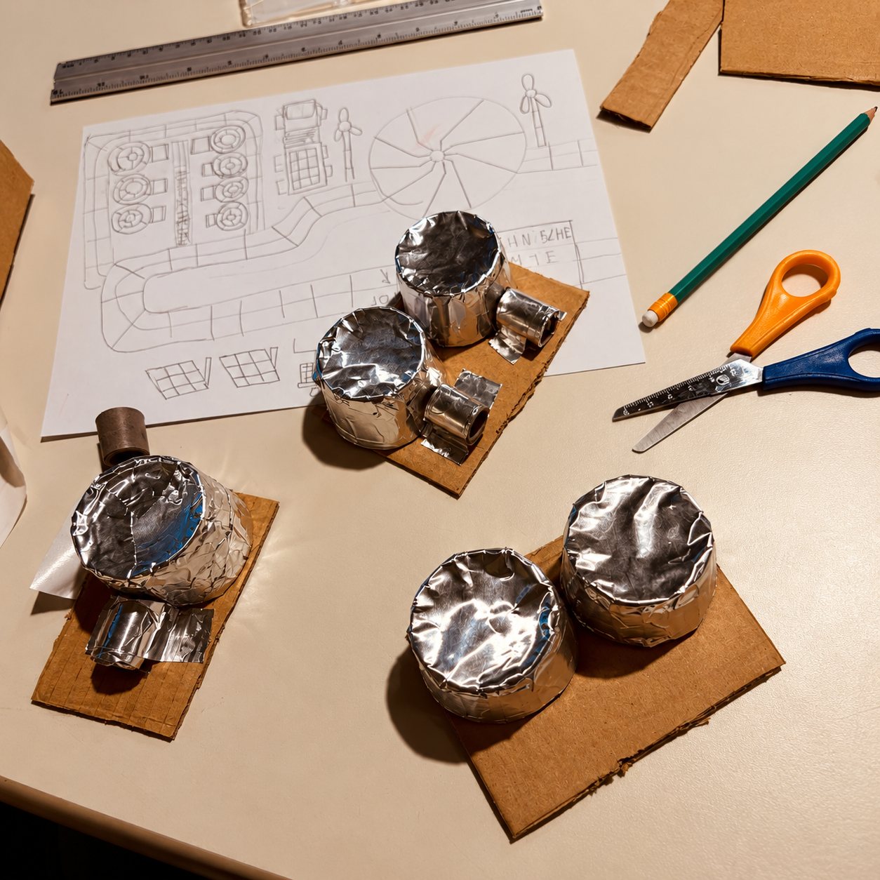 Tekening van een stad met maquettes van karton en aluminiumfolie