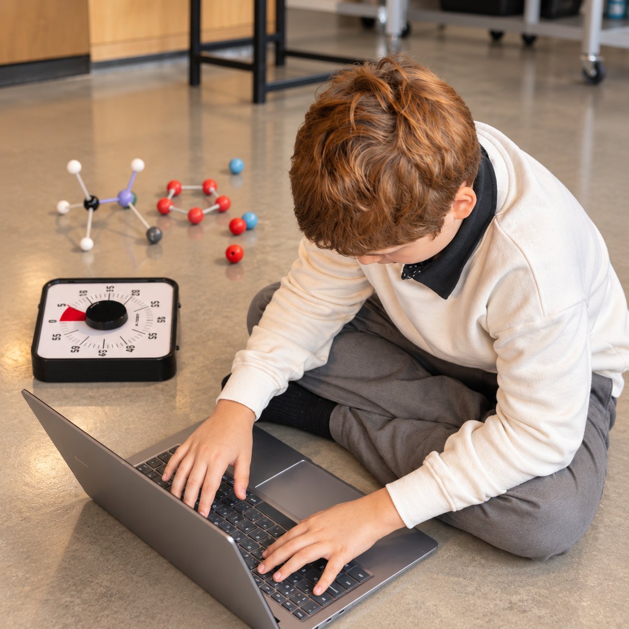 Kind zit op de vloer te typen op een laptop, naast molecuulmodellen en een tijdklok